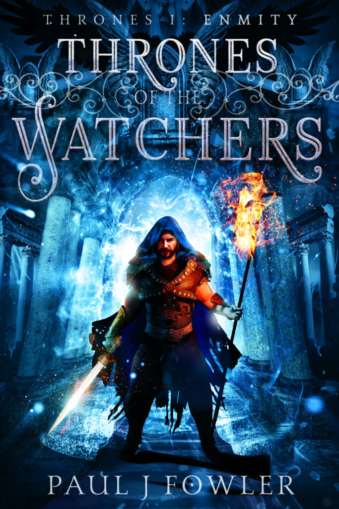 Thrones I: Enmity book cover — hooded warrior with sword and torch